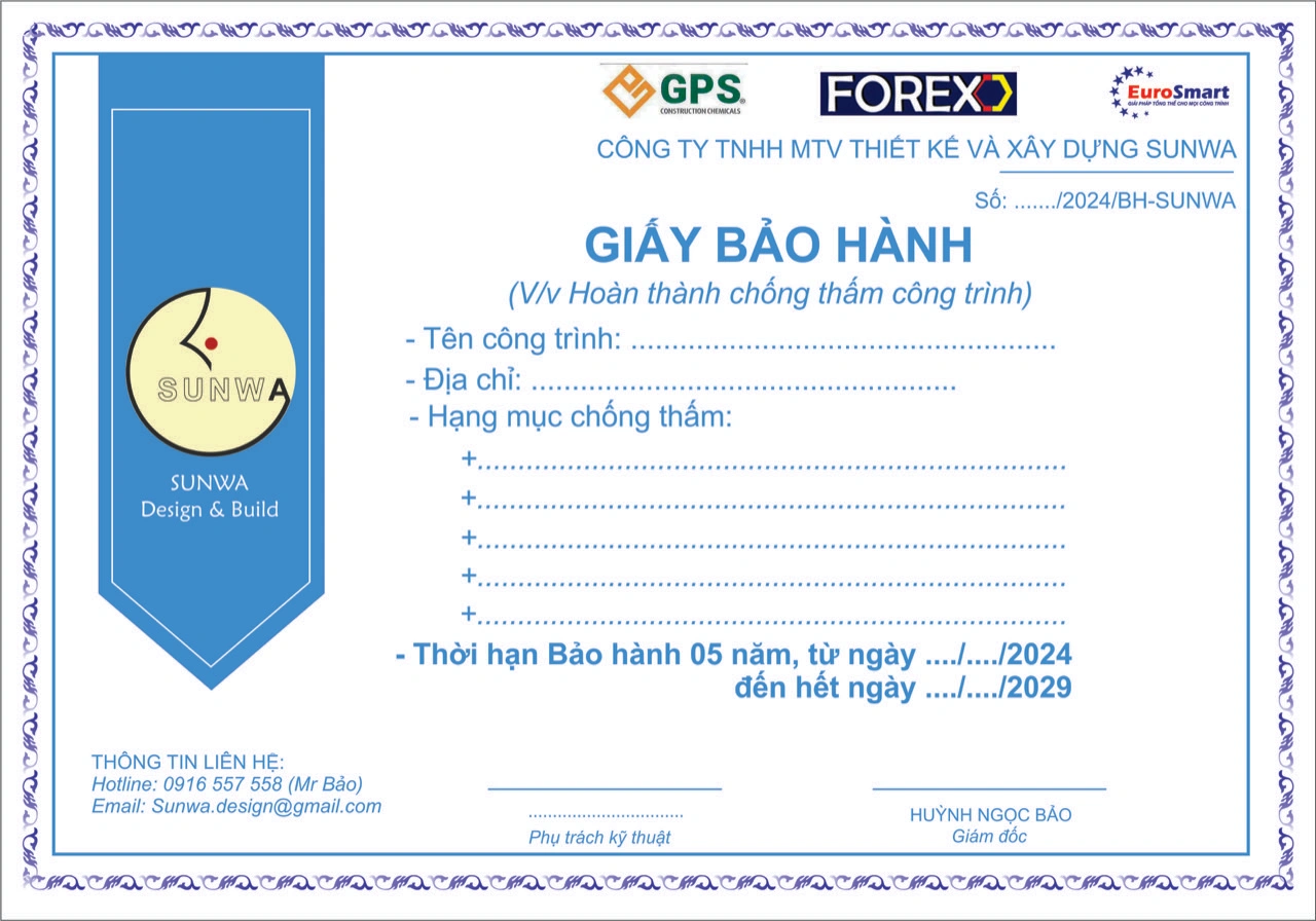 Giấy Chứng nhận Bảo hành của Sunwa Design